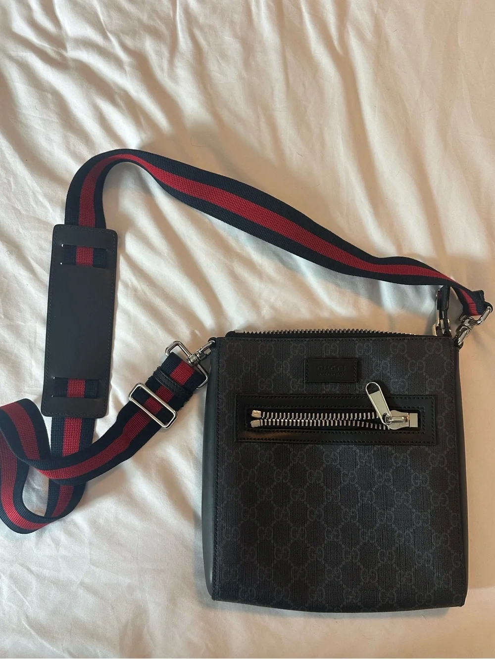 Gucci Black Monogram Messenger with Red-Trim Web Strap